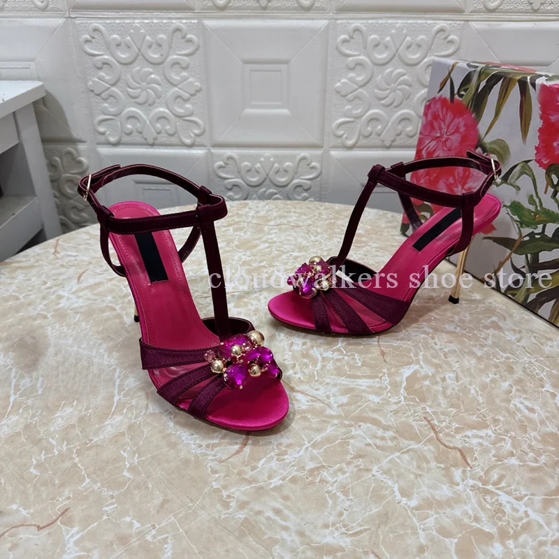 

Women's Color-Block Satin T-Strap Sandals Crystal Beads Embellished Stiletto Sandals Elegant Ankle Strap Lady Banquet High Heels