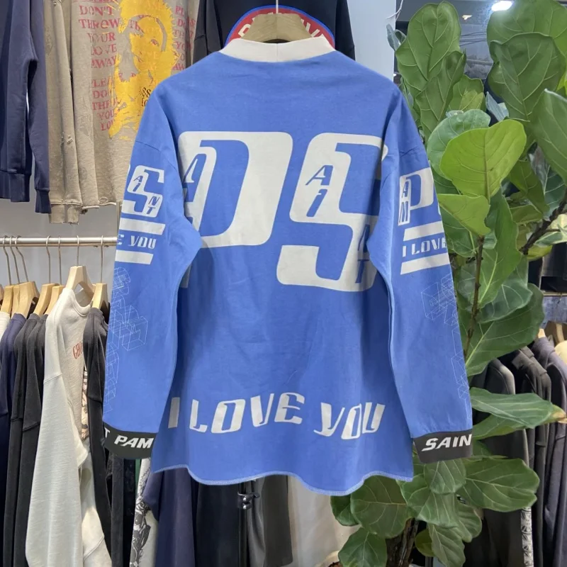 

Retro American Contrast Color Print Letter Loose Long Sve T-irt Men's Casual Cotton round Ne Pullover Top for Youth