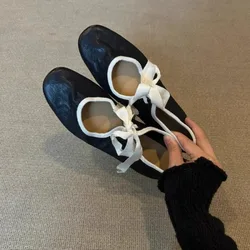 2024 Soft Leather Ballets Women Ribbon Bowtie Flats Mix Color Shoes Ladies Roll-Up Sequare Toe Ballerina Moccasins Femme Loafers