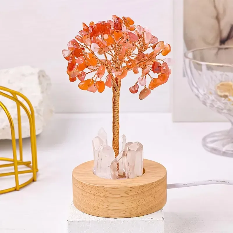 Natural Red Crystal Money Tree Solid Wood Round Base Handmade Gemstone Bonsai for Home Office Living Room Decoration