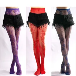 Women Sexy Colorful Fishnet Pantyhose Rose Flower Vine Jacquard Patterned Tattoo Tights Side Hollow Holes Drop Shipping