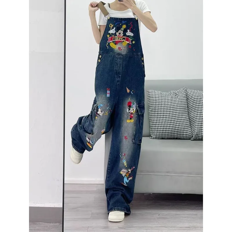 

Women's Spring Summer New Disney Mickey Embroidered Denim Overalls, Youthful Wide Leg Pants, Loose Stylish High Waist Long Jeans