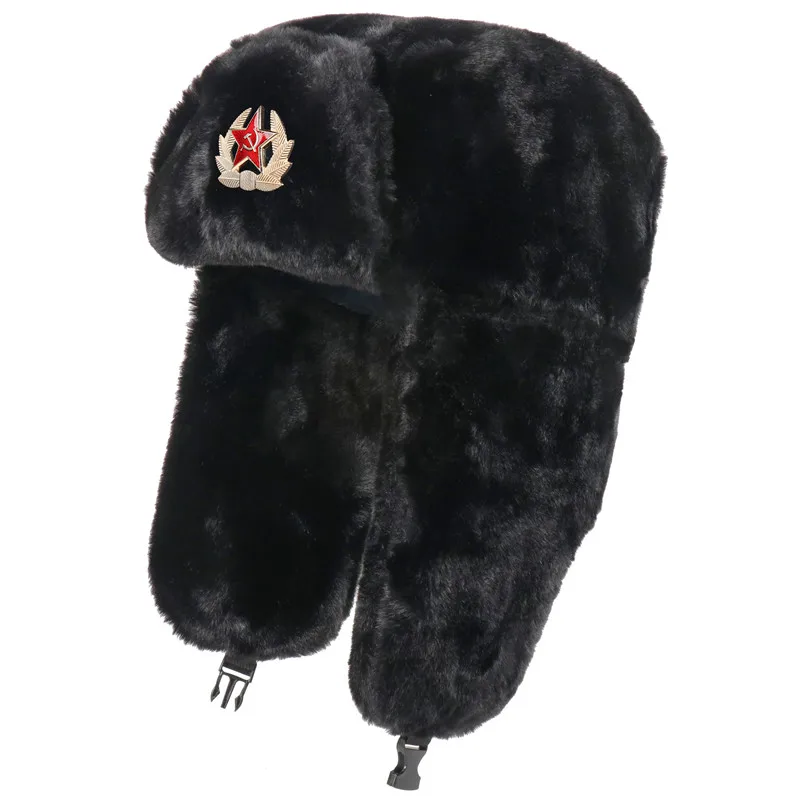 CAMOLAND Soviet Badge Bomber Hats Winter Warm Hat For Women Men Faux Fur Russia Hats Windproof Thermal Earflap Snow Caps