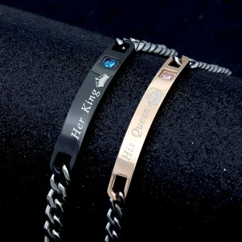 

4 Styles King Queen Rose Black Chain Crystal Adjustable Women's Man Couple Stainless Steel Bracelet Femmo For Lesbian Jewelry