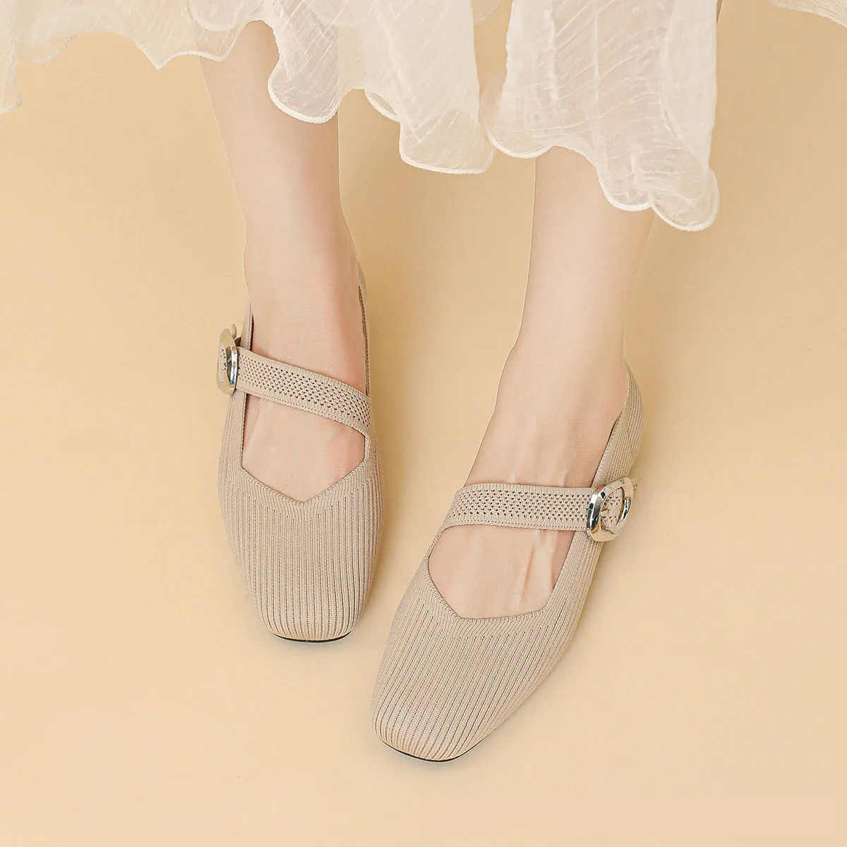 2025 Spring Knitted Fabrics Mary Jane Shoes Women Ballet Flats Shoes Comfortable Soft Square Toe Shallow Mouth Shoes for Women