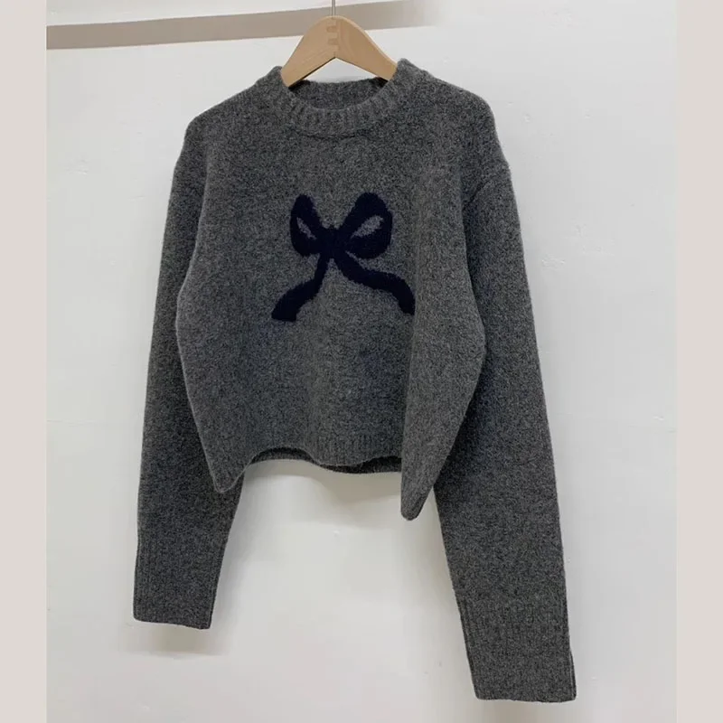 Cute Ribbon Knit Sweaters for Women Teen-girl Long Sleeve Sweet Bow Print Pullovers Fall Winter Loose Vintage Female Jumpers