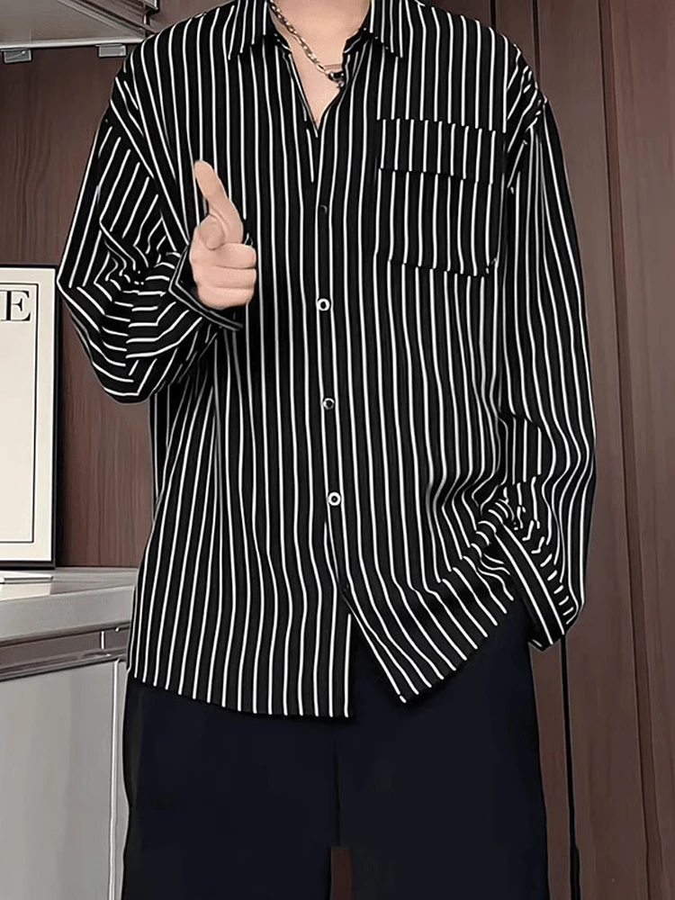 

Мужская приталенная рубашка с длинным рукавом в полоску, повседневная, из полиэстера, дышащая, летняя, модная, уличная одежда
