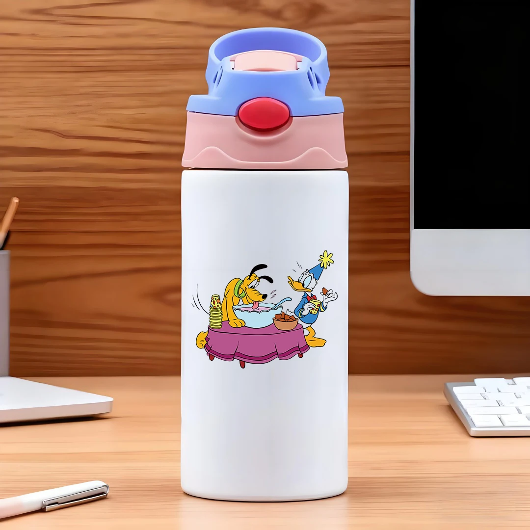 

Disneythemed vacuuminsulated cup with a yellow dog lapping at a pink bowl a blue duck holding a yellow cup pu