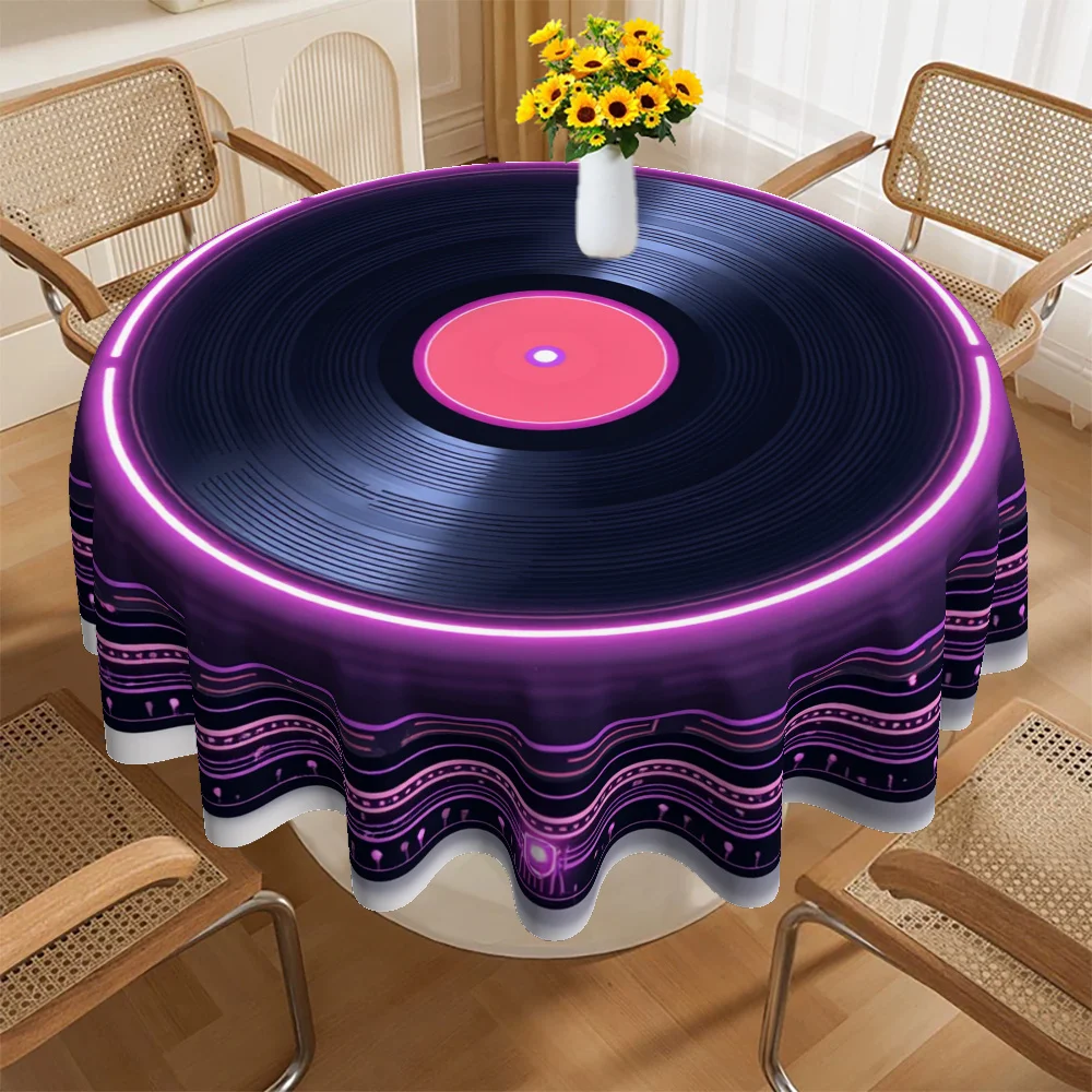 Neon Vinyl Record Print Round Tablecloth Retro Music Pattern Waterproof Table Cover Decorative Table Cloth for Music Lovers