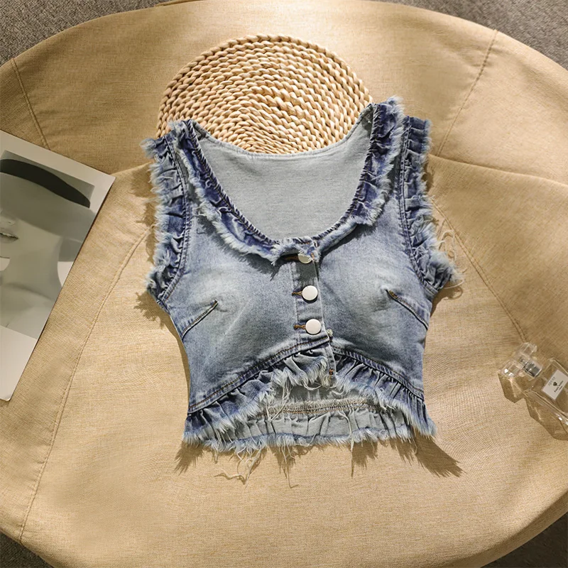 

Retro American Spicy Girl Tassel Denim Vest Strapl Tank Top Women's Inner Wear Summer Outerwear Svel irt