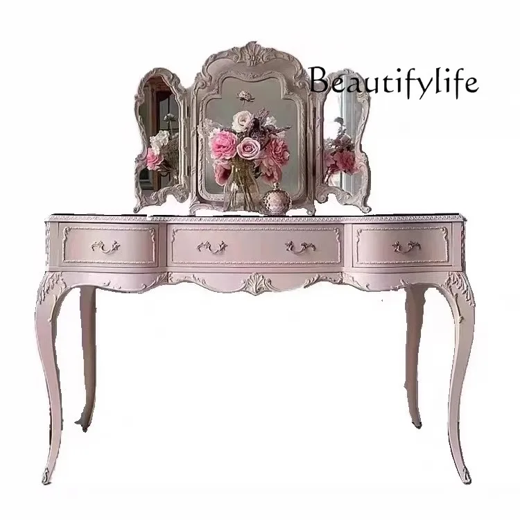 

American French solid wood pink bedroom dressing table makeup mirror light luxury simple makeup stool combination with mirror