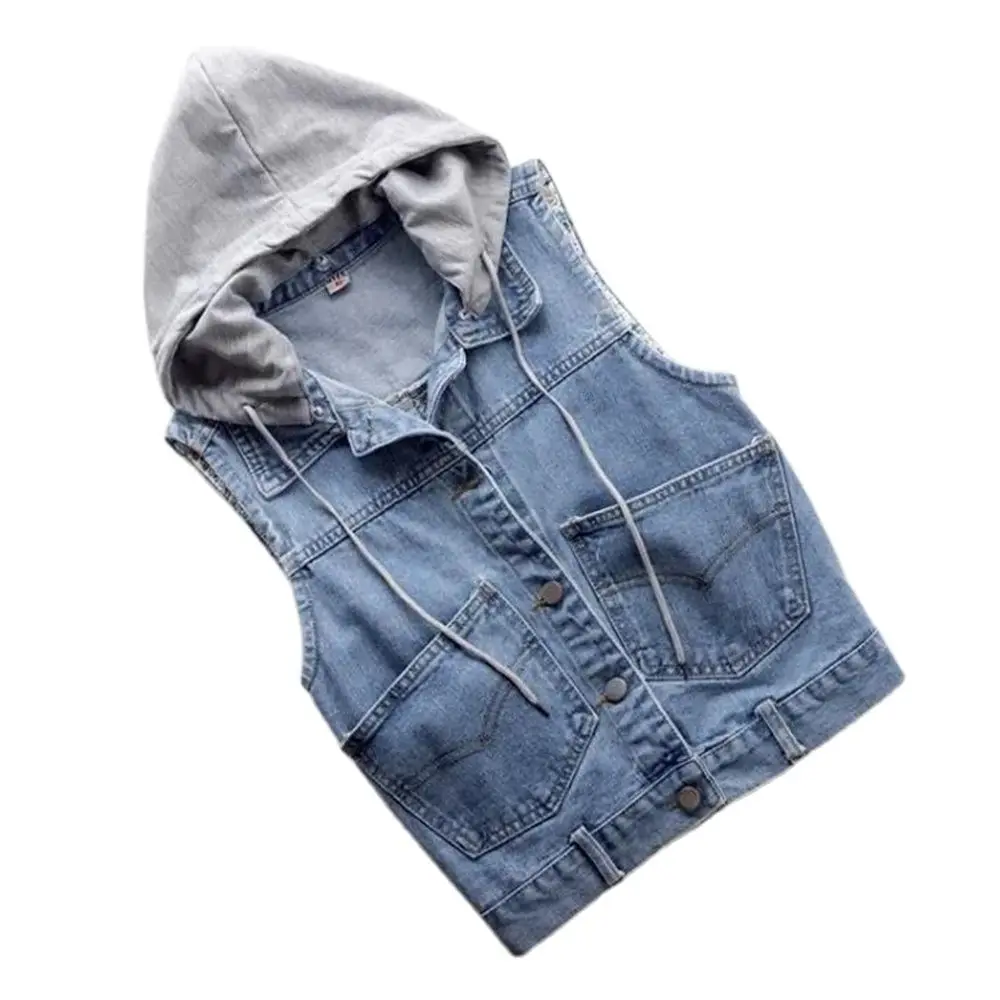 Denim Vest Women Spring Autumn Coat Sleeveless Wild Tops Hooded Jacket Women Denim Jeans Waistcoat Outerwear Female Ripped 5XL