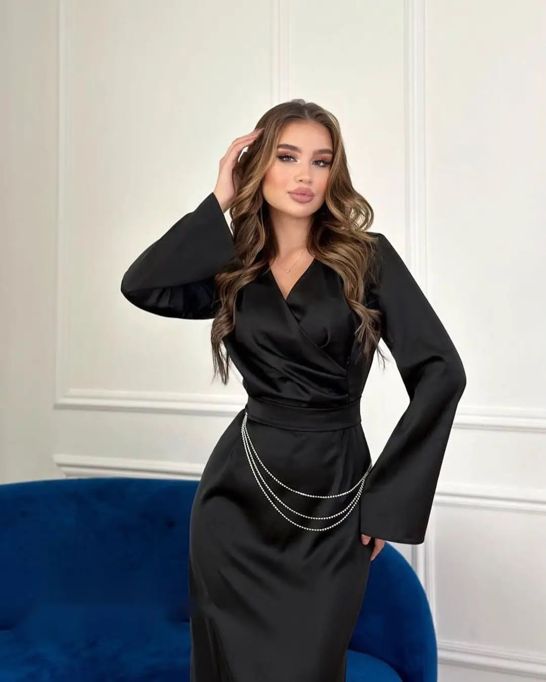 DSMTRC Women Party Dress Fashion High Waist Chains Design Long Dress V-neck Elegant Satin Autumn Long Sleeve Straight Maxi Dress