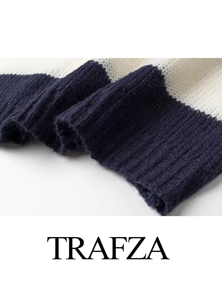 TRAFZA Sweater rajut wanita, Pullover rajut leher bulat longgar, Sweater elastis lengan panjang garis-garis longgar elegan untuk wanita