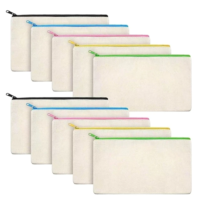 10Pcs Blank Canvas Zipper Pouch Makeup Bags/Small Pencil Pouch Multi-Purpose Travel Bags With Color Zipper For DIY Craft