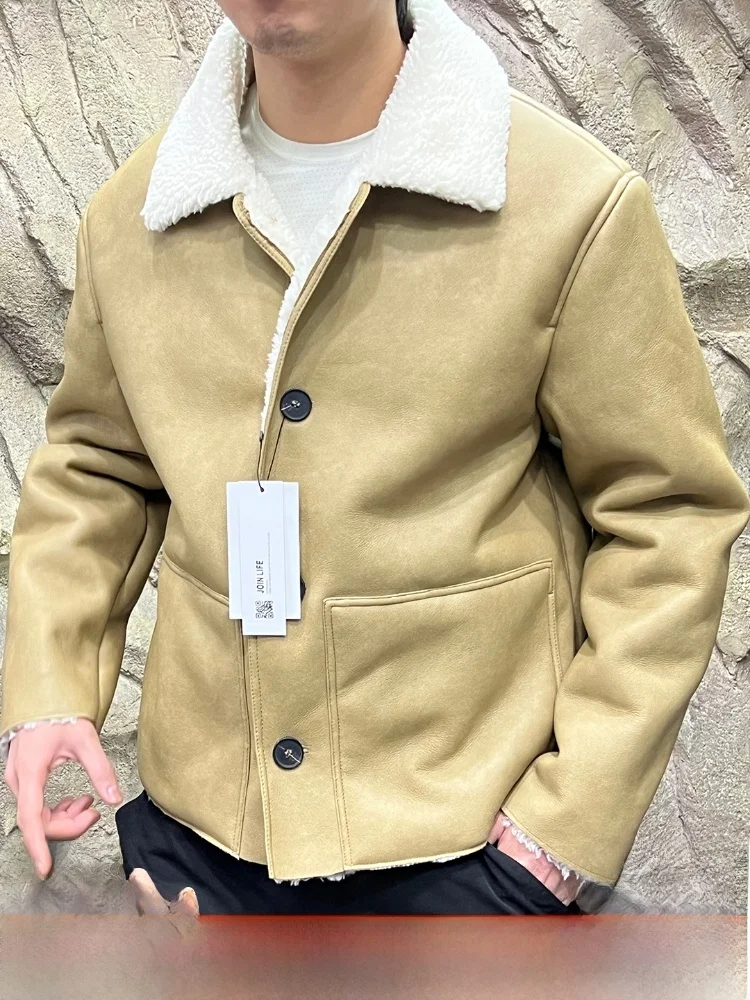 

PU Faux Velvet Men's Casual Leather Jaet Coat Vintage American Sle Stand Collar Autumn Winter Faion Outerwear