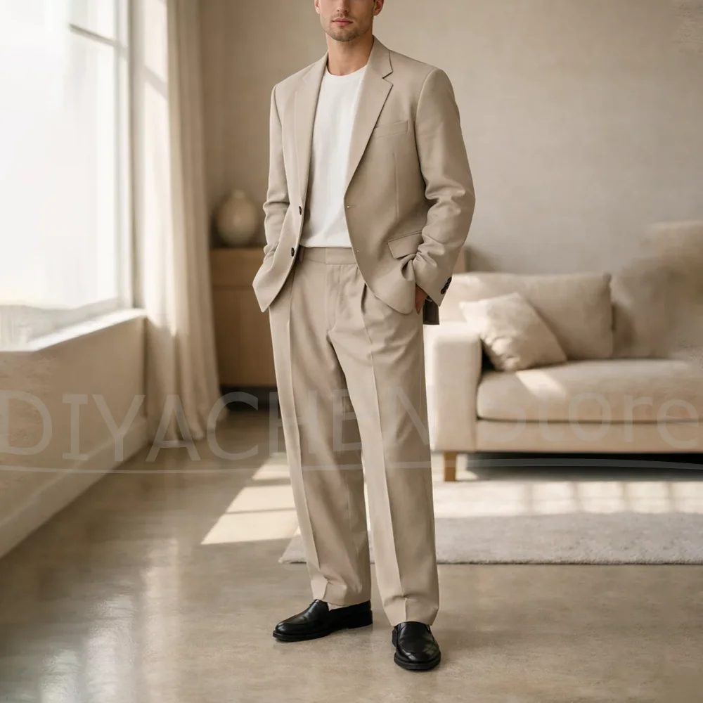 

Mens Beige 2 Piece Suit Set Loose Fit Single Breasted Blazer And Wide Leg Trousers For Casual Business Wedding Party Daily Wear