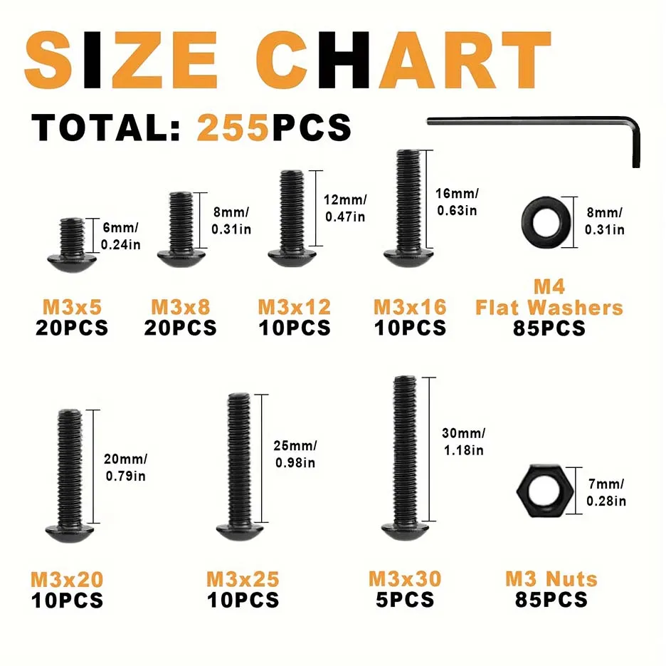 255 Pieces Of M3 Hex Head Screws, M3x5/8/12/16/20/25/30mm Black Button Head Hex Socket Screw Washer Nut Assortment Kit