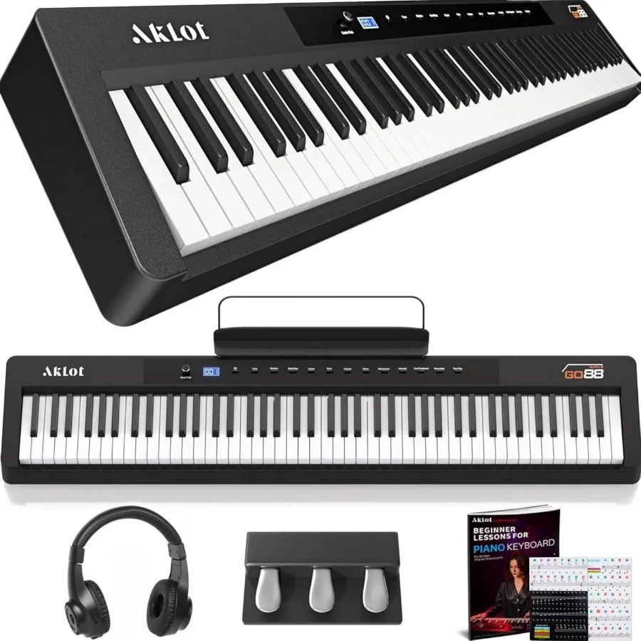 AKLOT 88-Key Weighted Hammer-Action Digital Piano with Triple Pedal Dual Keyboard 128-Tone Headphones USB-MIDI Music Stand Pian
