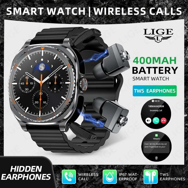

LIGE Sports Smartwatch 2026 New IP67 Waterproof Bluetooth Call TWS Bluetooth Earphones 2-in-1 Upgraded Smart Watch Men and Women