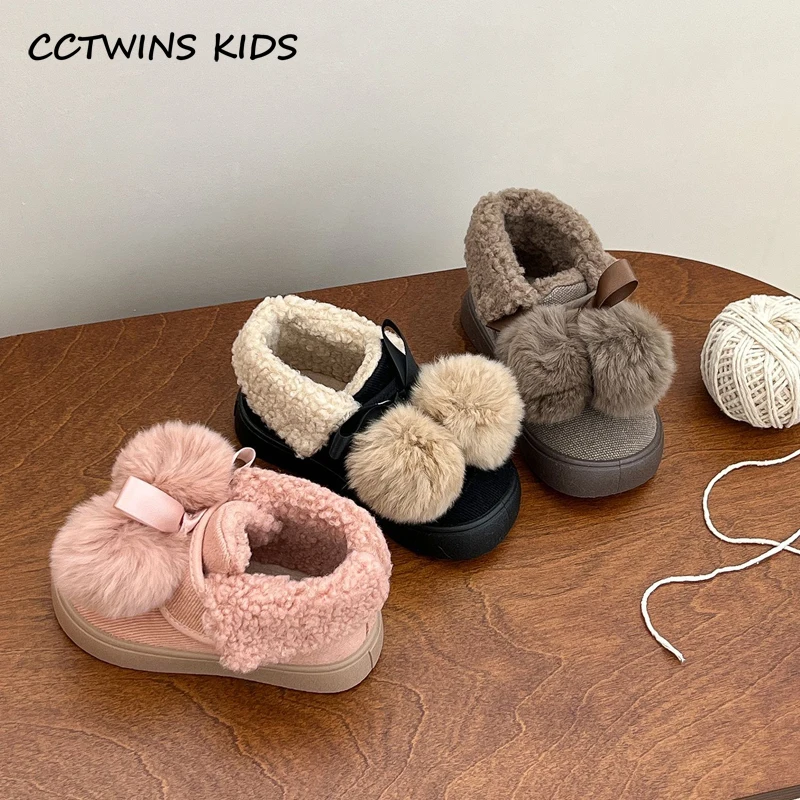 

Kids Snow Boots 2023 Winter Children Fashion Brand Warm Fur Shoes Ankle Princess Flats Baby Cute Pompom Bowtie Pink Soft Sole