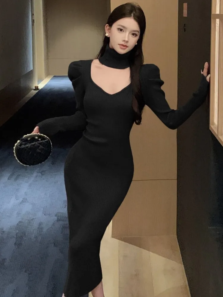 French Solid Knitted Dress for Women Elegant V-Neck High Waist Sweater Dresses Vintage Slim Bodycon Vestidos Mujer Female Outfit