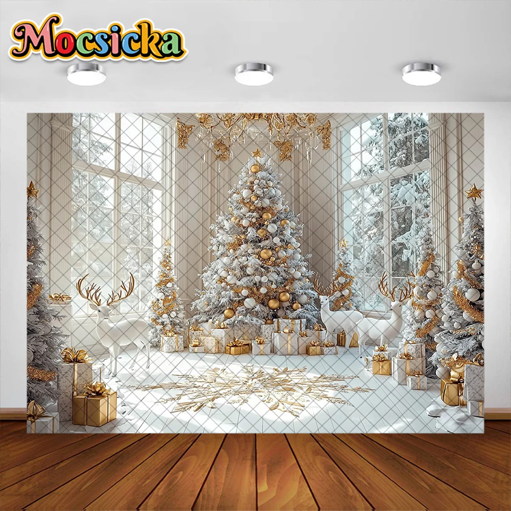 الشتاء عيد الميلاد خلفية التصوير الفوتوغرافي للأطفال ، شجرة عيد الميلاد الذهبية ، نافذة الديكور ، صورة عطلة ، خلفيات الصورة ، استوديو الدعامة