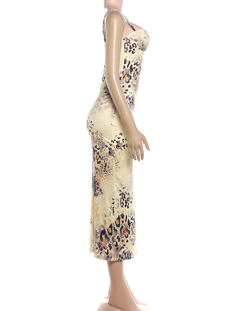 Werid Puss Sexy Sling-Kleid für Damen, Leopardenmuster, tiefer Ausschnitt, rückenfrei, tailliert, Hot Girls High Street Style, klassisches langes Bodycon-Kleid – Detail 4