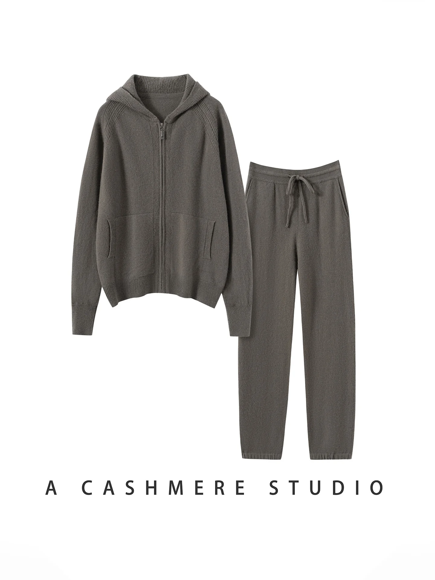 طقم كشمير أنيق للنساء لفصلي الخريف والشتاء، هودي بسحاب وبنطلون مستقيم الساق، بدلة محبوكة من قطعتين بأسلوب عملي وأكمام طويلة