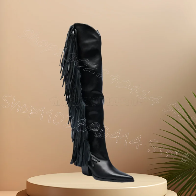 

Black Tassels Pointed Toe Matte Leather Boots Side Zipper Women Shoes Chunky Heels Fashion Party Feast 2025 Zapatos Para Mujere