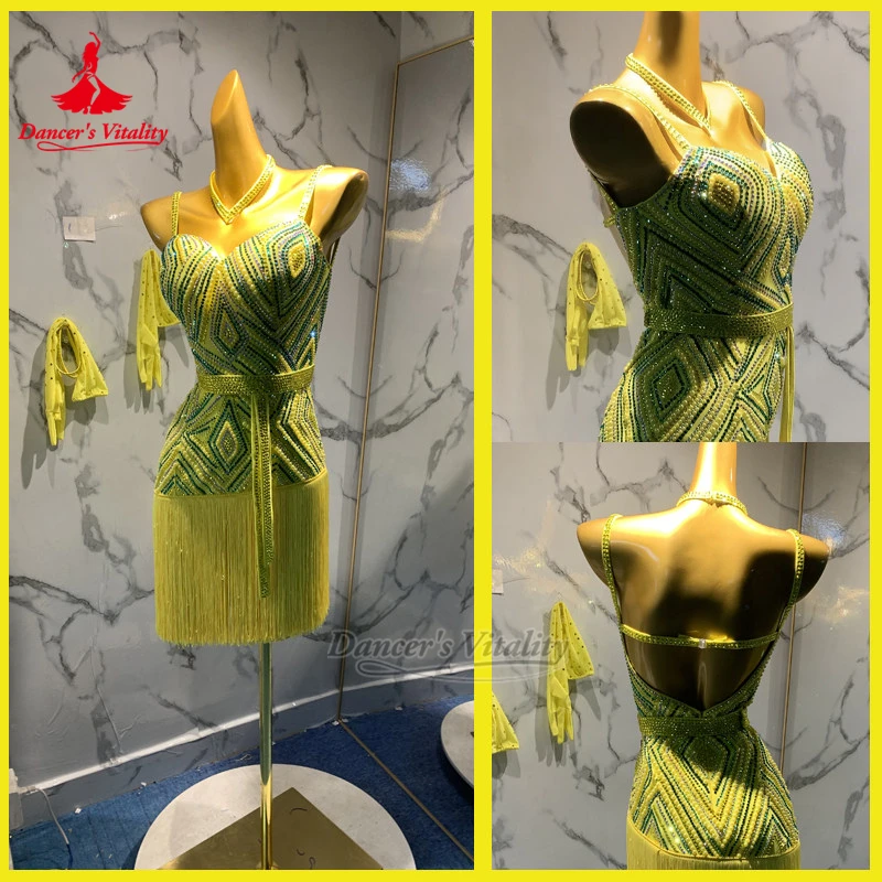 Adult Chacha Samba Luxurious AB Stones Sleeveless Sexy Dresses Customized Dancer's Vitality Latin Dance Perform&Contest Clothes