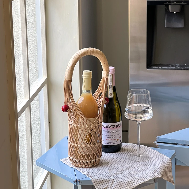 French Style Wine Bottle Basket Willow Woven Red Wine Storage Resort Atmosphere Flower Barrel Picnic Convenient Beverage Rack