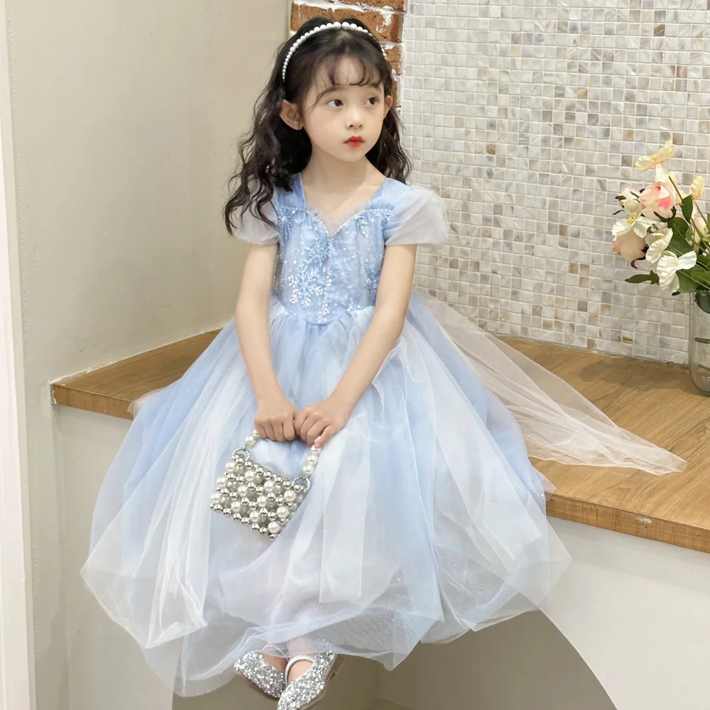 Frocks for Kids New in 2023 Sky Blue Elsa Summer Chiffon One-piece Long Clothing Girls Flower Bridesmaid Birthday Party Dresses