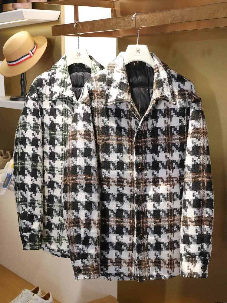 

Высококачественная повседневная мужская пуховая куртка для активного отдыха, теплая, в клетку, шерстяная, модная, городская, на пуговицах