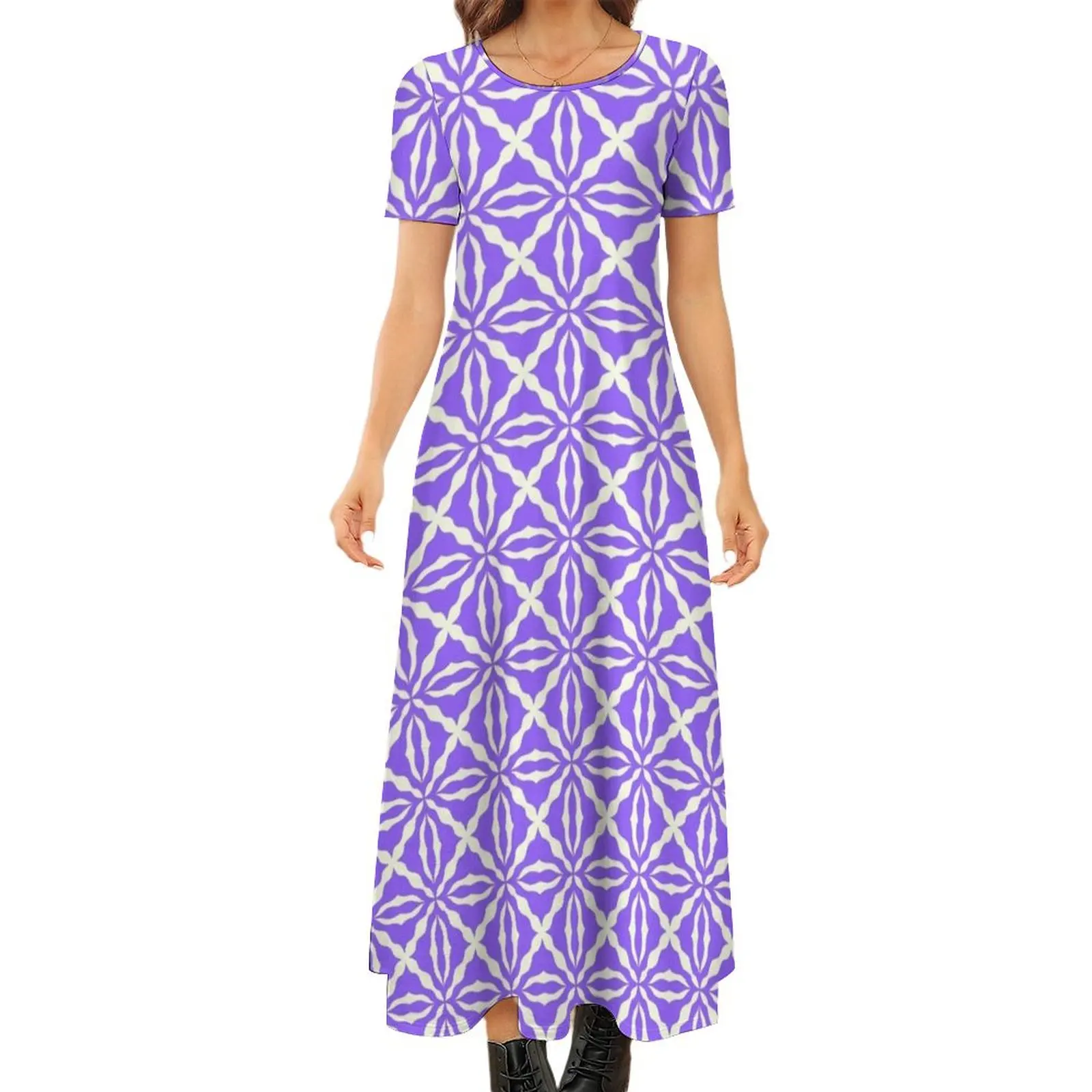 

No.154-Purple floral block pattern design Round Neck Short Sleeve Dress evening dresses ladies summer clothes