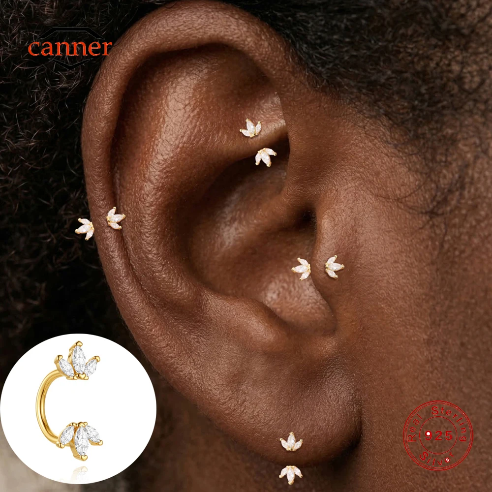 CANNER 1PC Joyería de Plata de Ley 925 con diseño de Corona de Ojo de Caballo en forma de U y circonita cúbica, para piercing de cartílago, oreja, nariz o como arete, chapada en oro de 18K