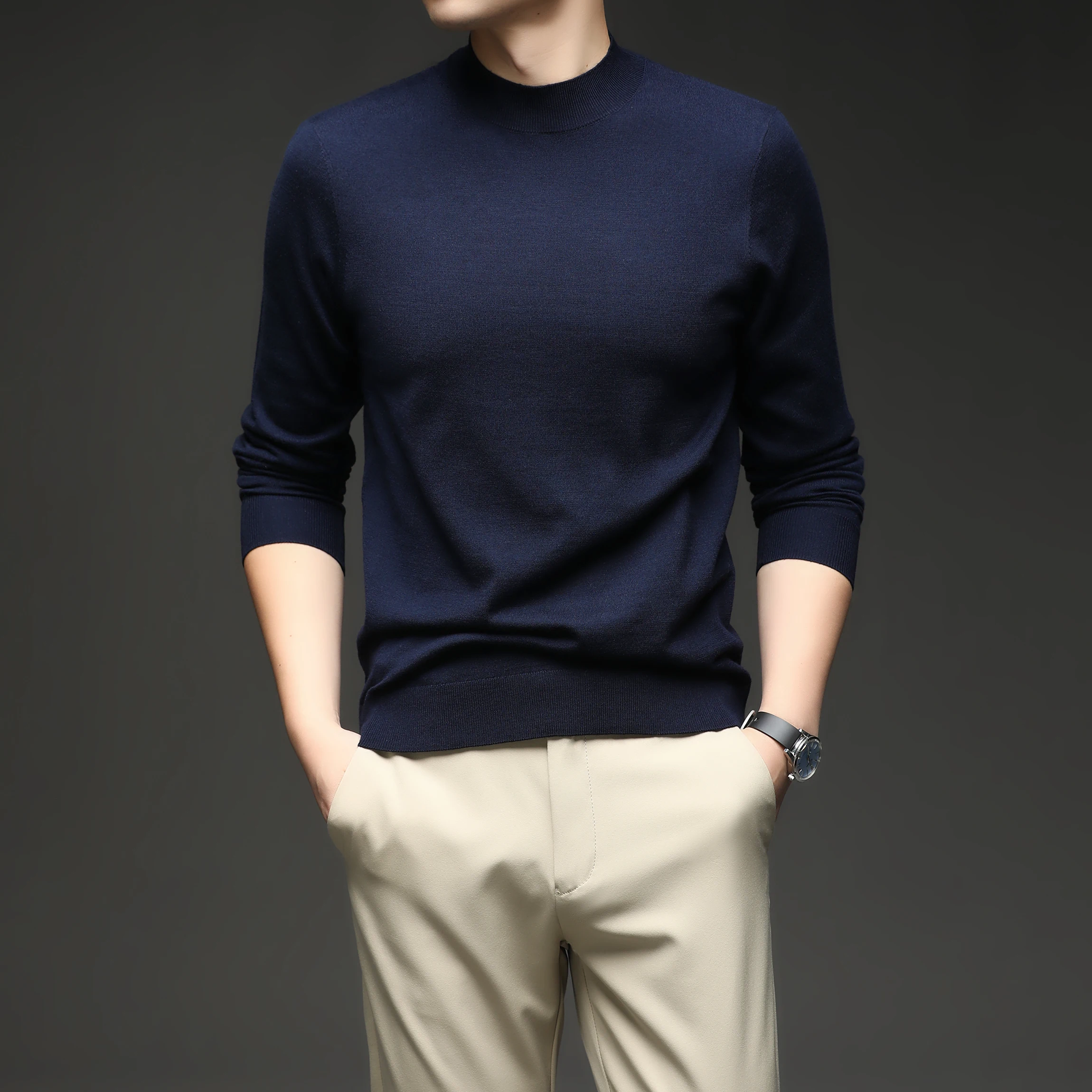 Lã de seda masculina malha t 2025 outono casual mock neck camisola fina manga longa lã de ovelha malhas pulôver roupas