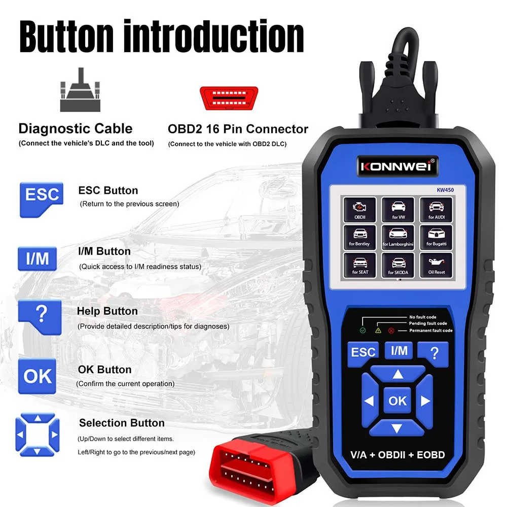 KONNWEI KW450 Full Systems Scanner Car OBD2 Diagnostic Tool for VAG COM VW Audi ABS Airbag Oil ABS EPB SRS TPMS Reset Scanner