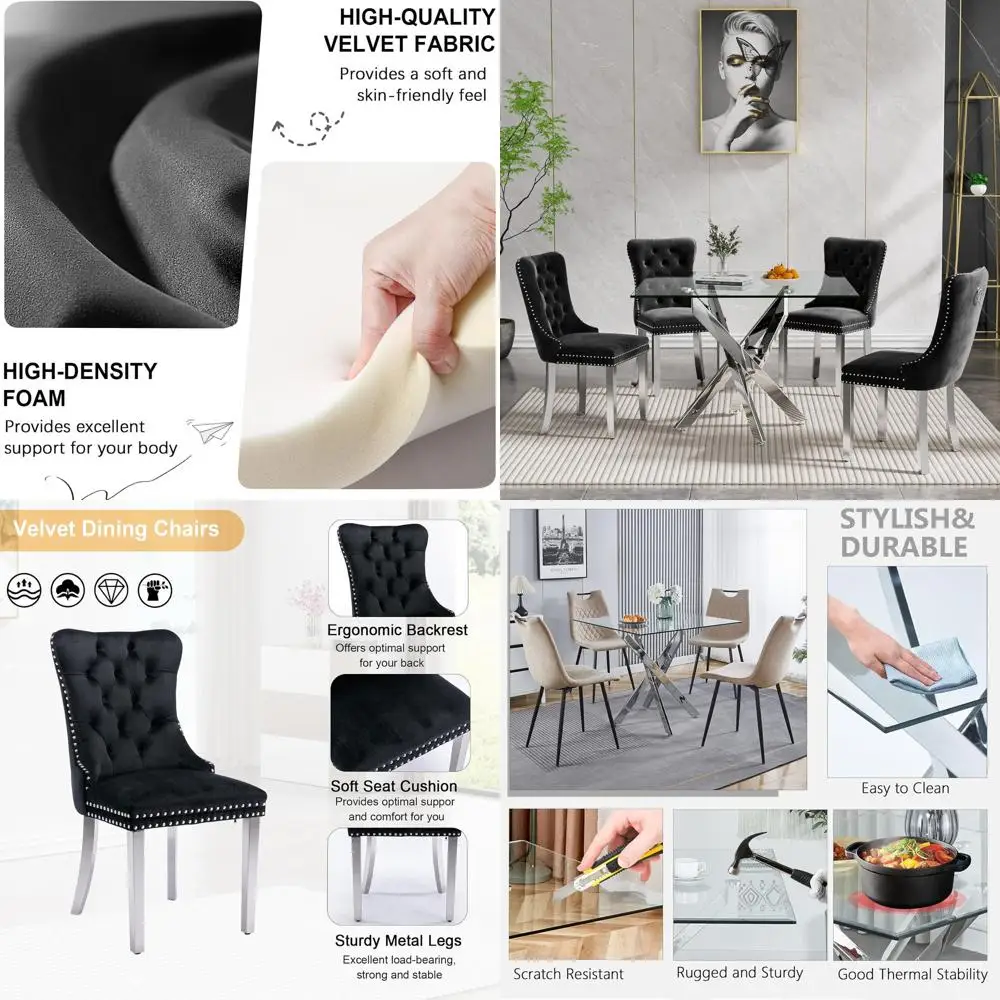 

Modern 4-5 Piece Glass Dining Set with Velvet Chairs & Silver-Black Accents