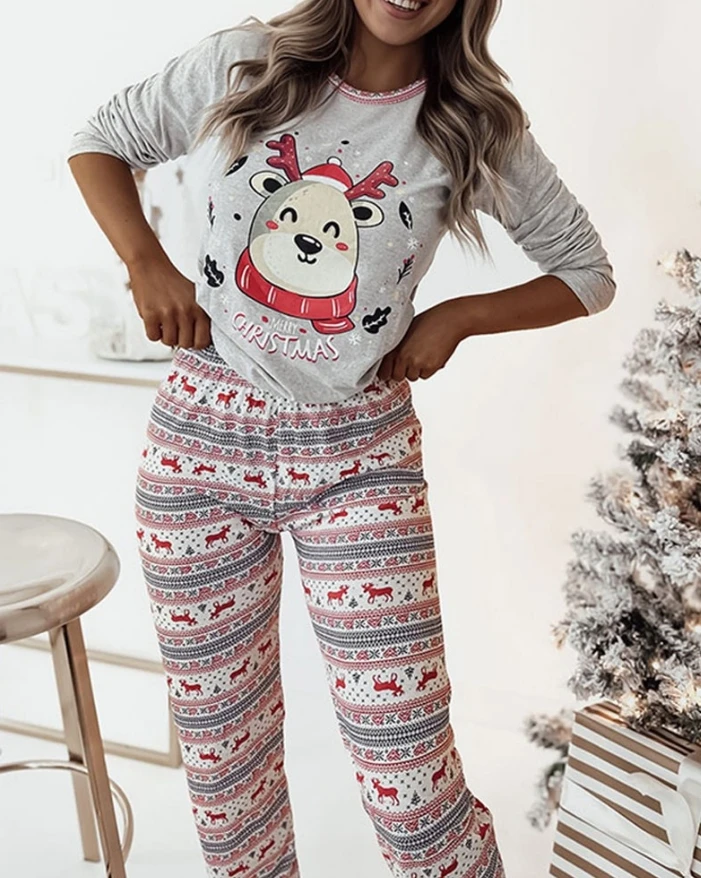 Women's Sleepwear Set Christmas Cartoon Reindeer Snowflake Print O-Neck Pullover High Waisted Pants Comfortable Home Pajama Set