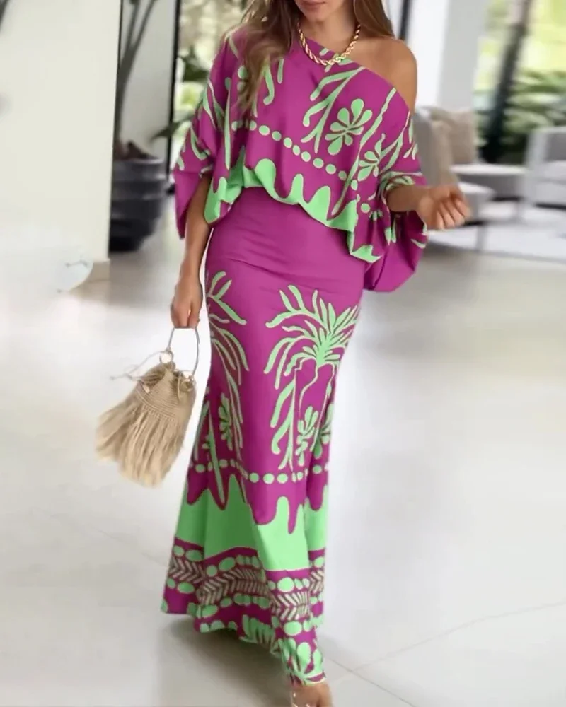 

CPSYMYM Two Piece Set Women Outfit Tropical Print Lantern Sleeve Cold Shoulder Loose Top Casual High Waist Fishtail Midi Sk