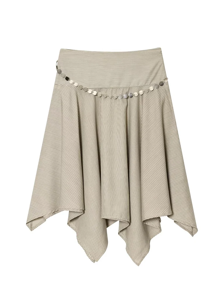 TFMLN 레트로 비대칭 미디 스커트 여성 여름 2025 트렌디 슬리밍 스트라이프 A라인 언밸런스 스커트 시크 메탈 벨트 포함