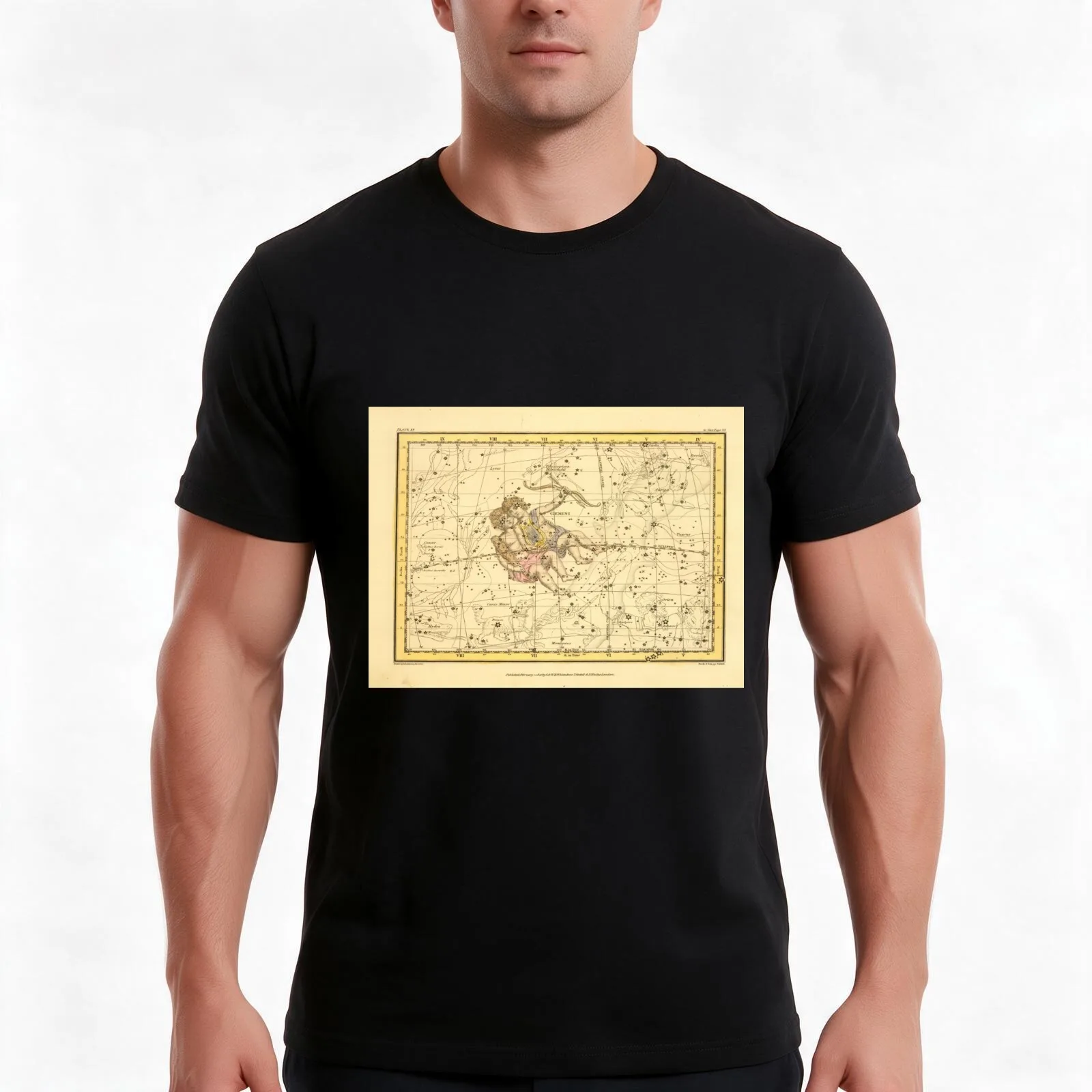 Vintage Gemini Constellation Map (1822) T-Shirt Summer Casual Cotton Tee Oversized Streetwear Tops Vintage Graphic Print