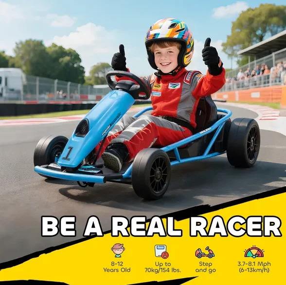 عربة الذهاب الكهربائية Aosom 24V لسيارة Drift Ride-On Racing Go Kart مع سرعتين، للأولاد والبنات من سن 8 إلى 12 سنة، أزرق