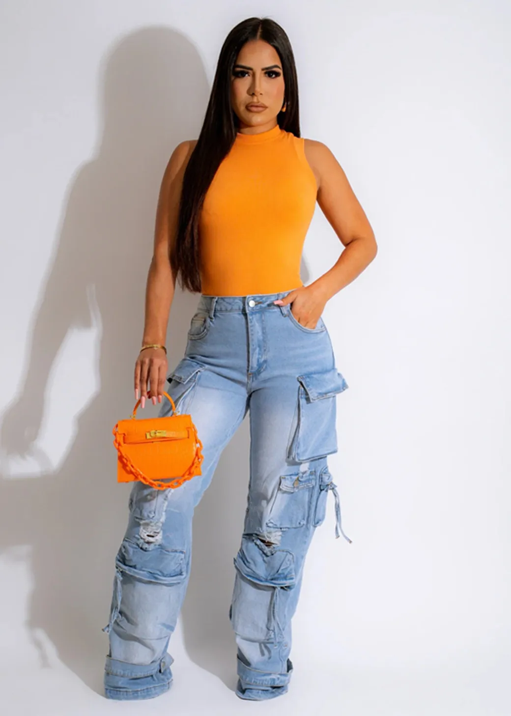 Multi Pockets Denim Straight Pants Sexy Women High Waist Elegant Streetwear Jeans Casual Trousers