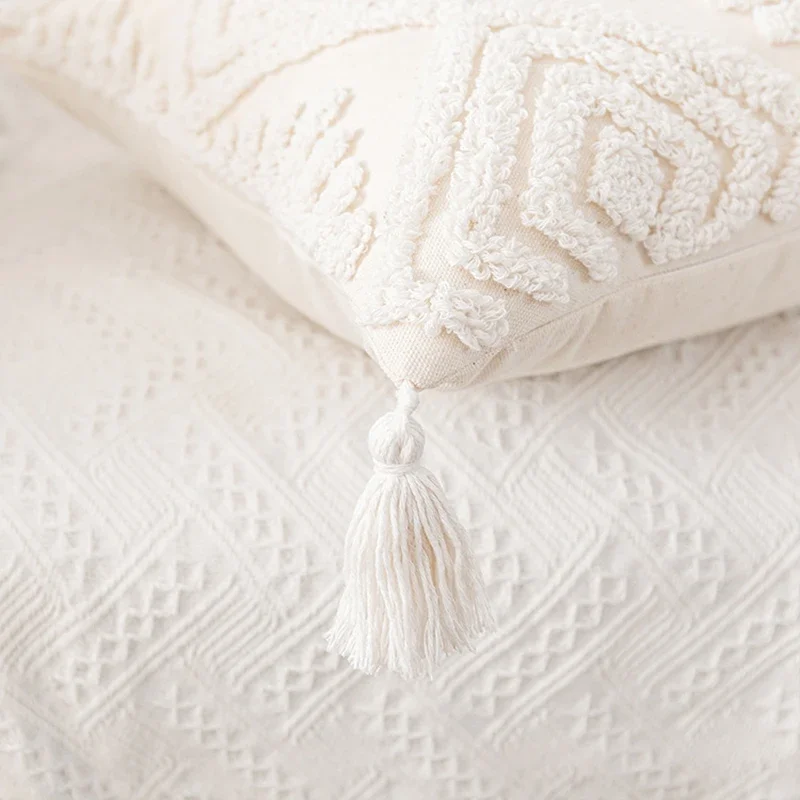 Tassels White Cushion Covers 45x45/30x50cm Cotton Pillow Cover Ivory Loop Tufted for Home Decoration Square Geometry Pillowcase