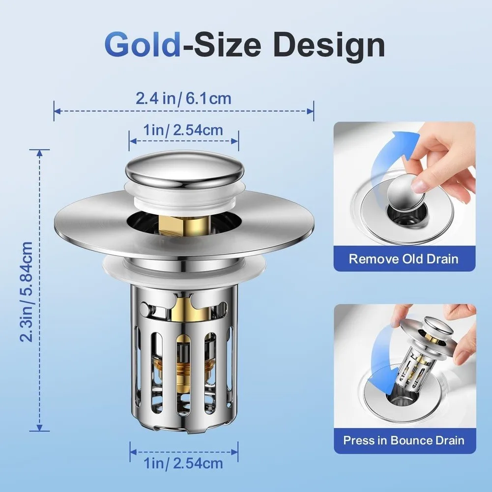 Bathroom Sink Stopper with Hair Catcher for US Standard Drains 1.1 to 2.36 Inches Chrome Stainless Steel Brass Core