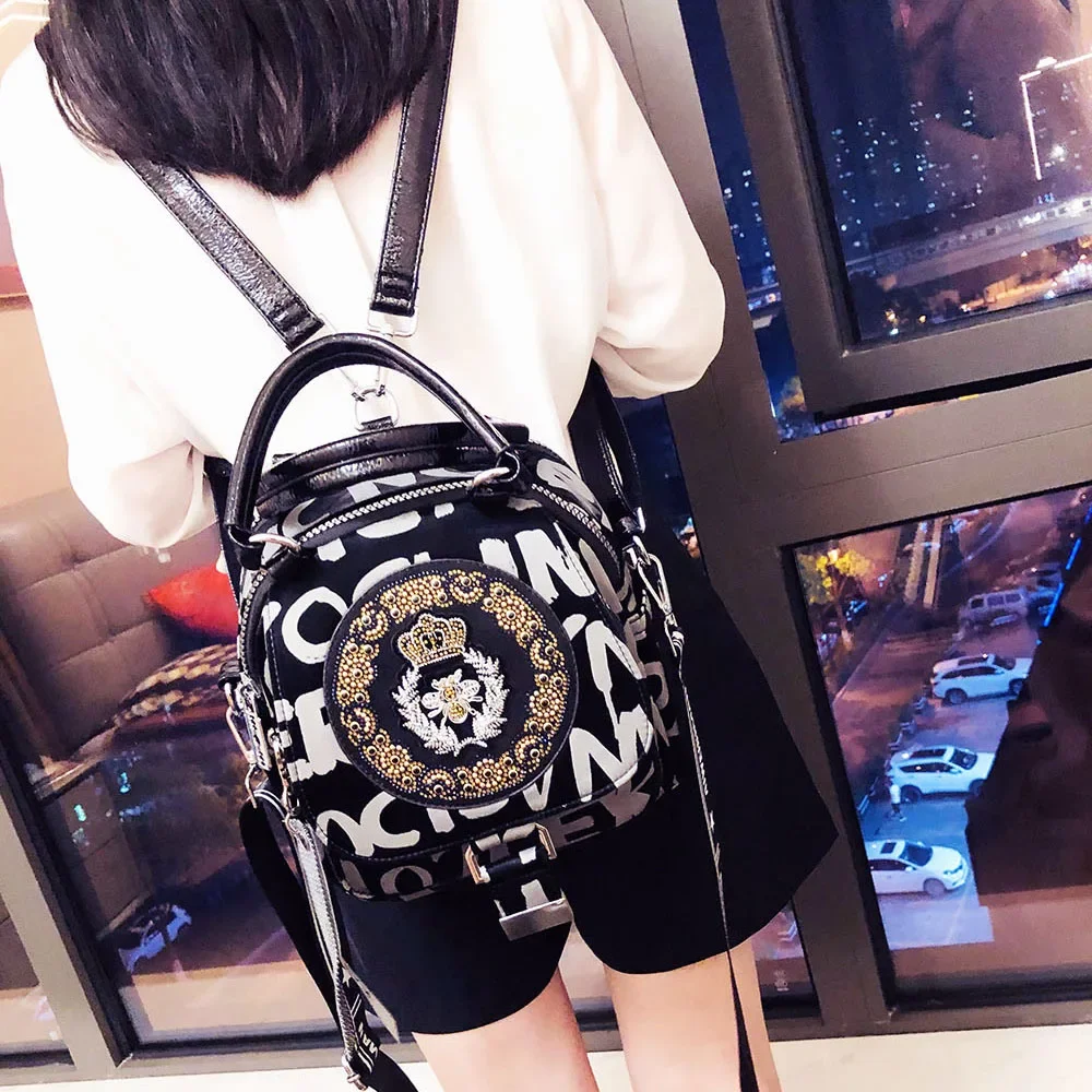 Women Oxford Fabric Rivet Bee Pattern Small Size Backpack Female Rhinestone Multi-pockets Multifunctional Travel Daily Daypack