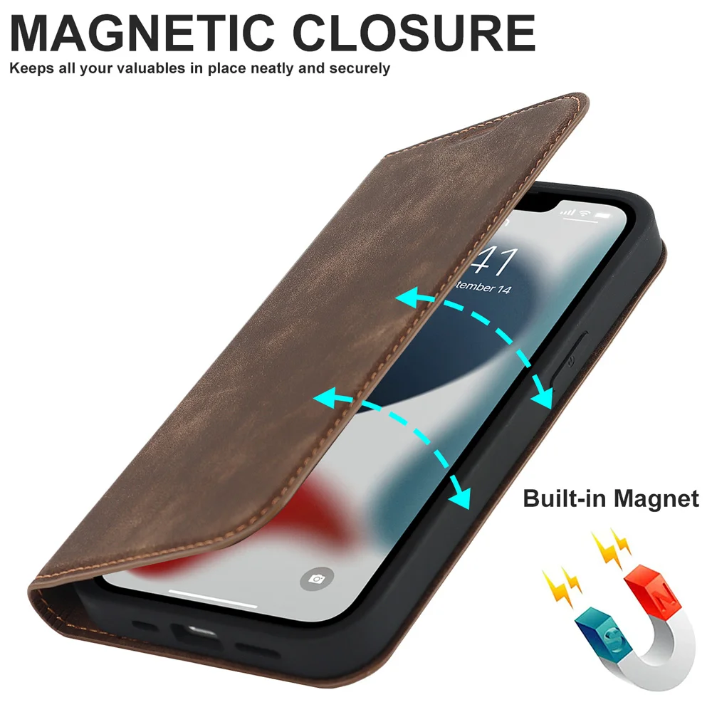 For Magsafe Wallet Leather Flip Case For iPhone 12 13 14 15 16 Pro Max mini Magnetic Wireless Charging Book Folio Cover