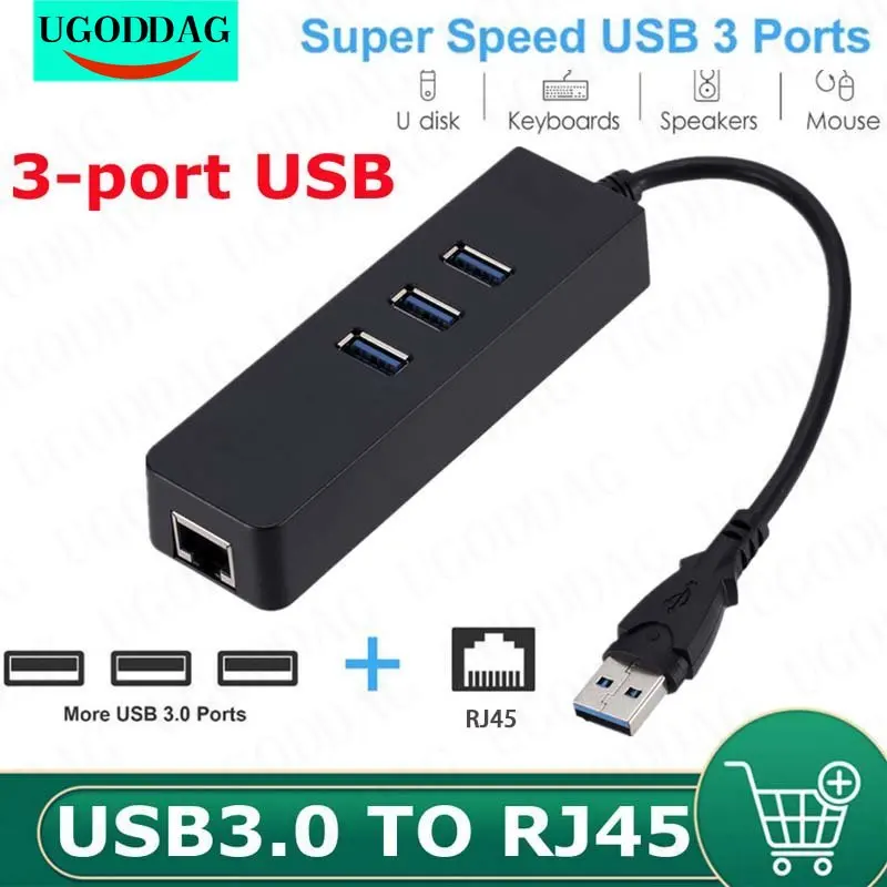 USB3.0 10/100Mbps Ethernet Adapter 3 Ports USB 3.0 HUB USB to Rj45 Lan Network Card for Macbook Mac Desktop